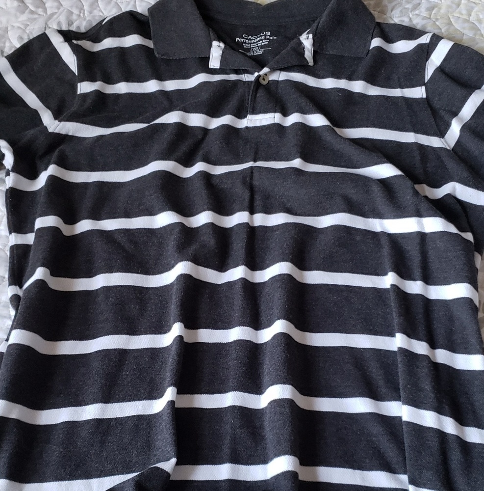 Grey striped polo shirt.